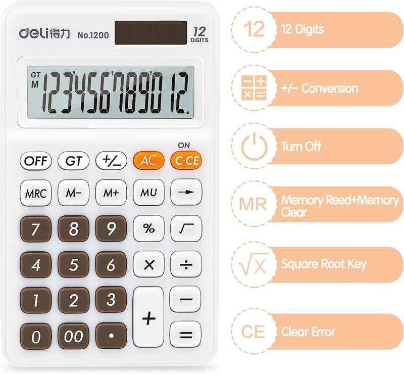Deli Standard Function Basic Calculator, 12 Digit Desktop Calculator with Large LCD Display, Solar Battery Dual Power Office Calculators, White - Image 4